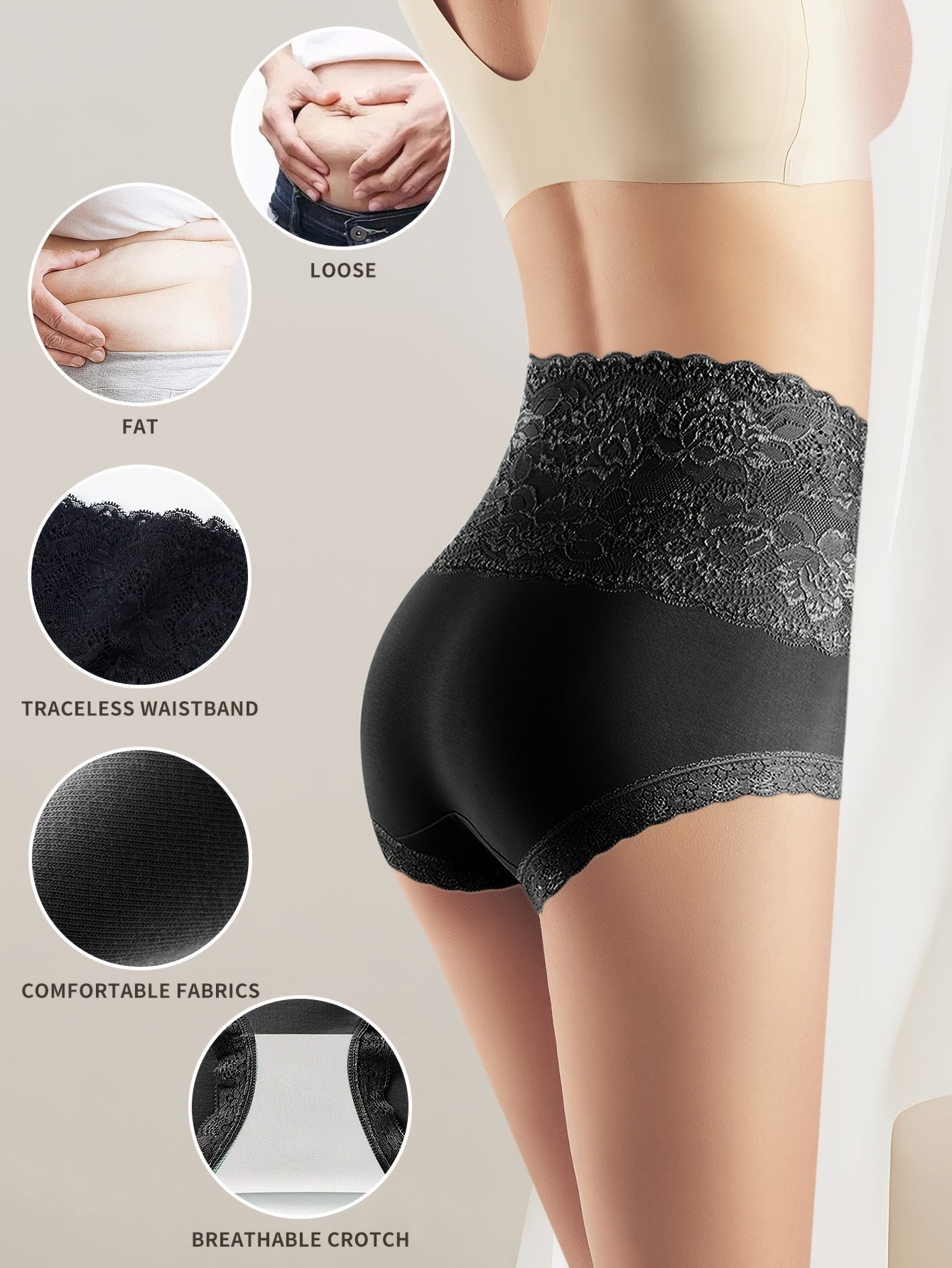 6 Pcs Simple Lace High Waist Briefs